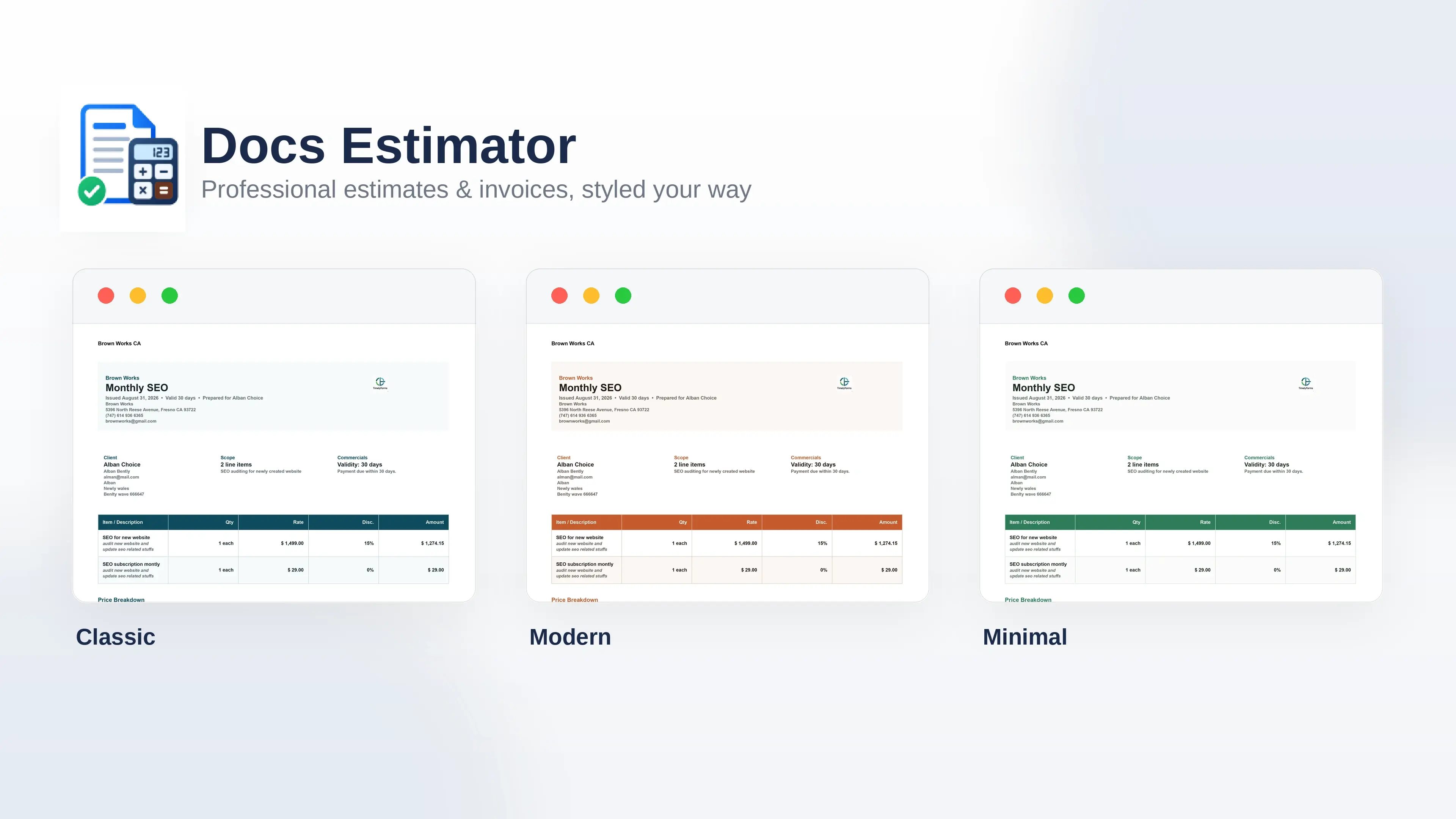 Docs Estimator sidebar open in Google Docs, showing proposal setup and client fields